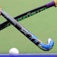 A close-up shot from the file hockey-1.jpg showing two players' hands holding field hockey sticks that are crossed in an "X" shape over a white ball on a green artificial turf.