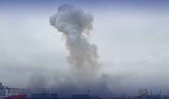 Smoke rising from the port of Constanta, Romania, after a marine drone explosion.